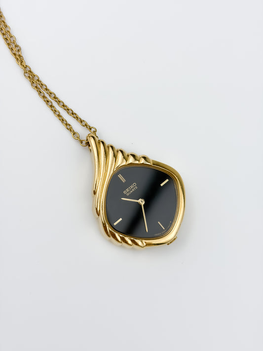 Vintage Sculptural Brown Locket Watch Seiko Gold Plated With Chain