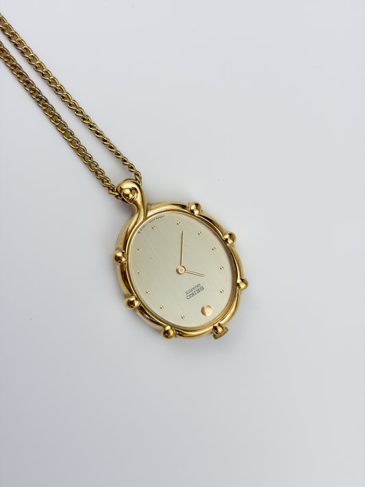 Vintage Sculptural Locket Watch Seiko Gold Plated With Chain