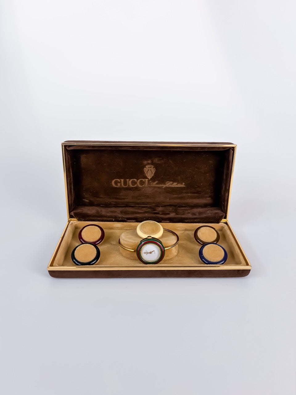 Rare Gucci Firenze Interchangeable Bezels Gold Bangle Watch with Box