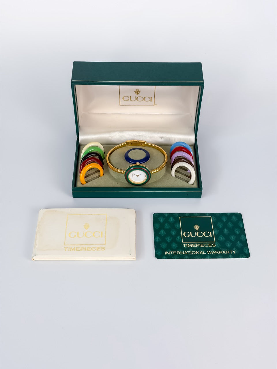 Gucci Cherry Line Interchangeable Bezels Gold Bangle Watch with Box & Papers
