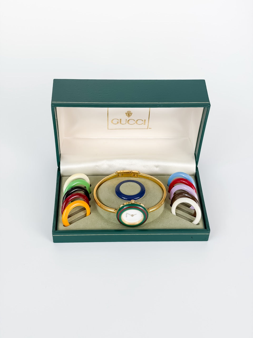 Gucci Cherry Line Interchangeable Bezels Gold Bangle Watch with Box & Papers