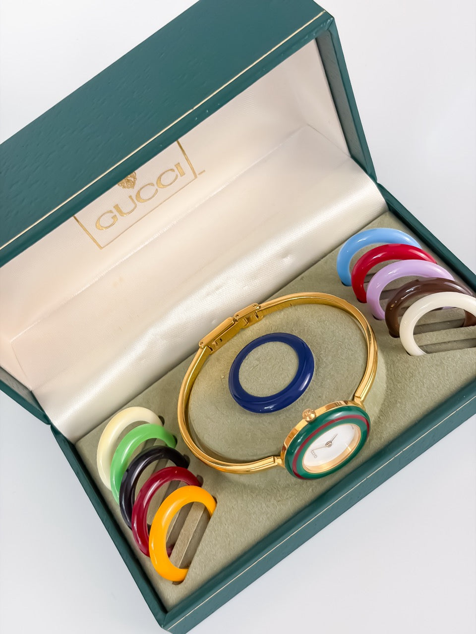 Gucci Cherry Line Interchangeable Bezels Gold Bangle Watch with Box & Papers