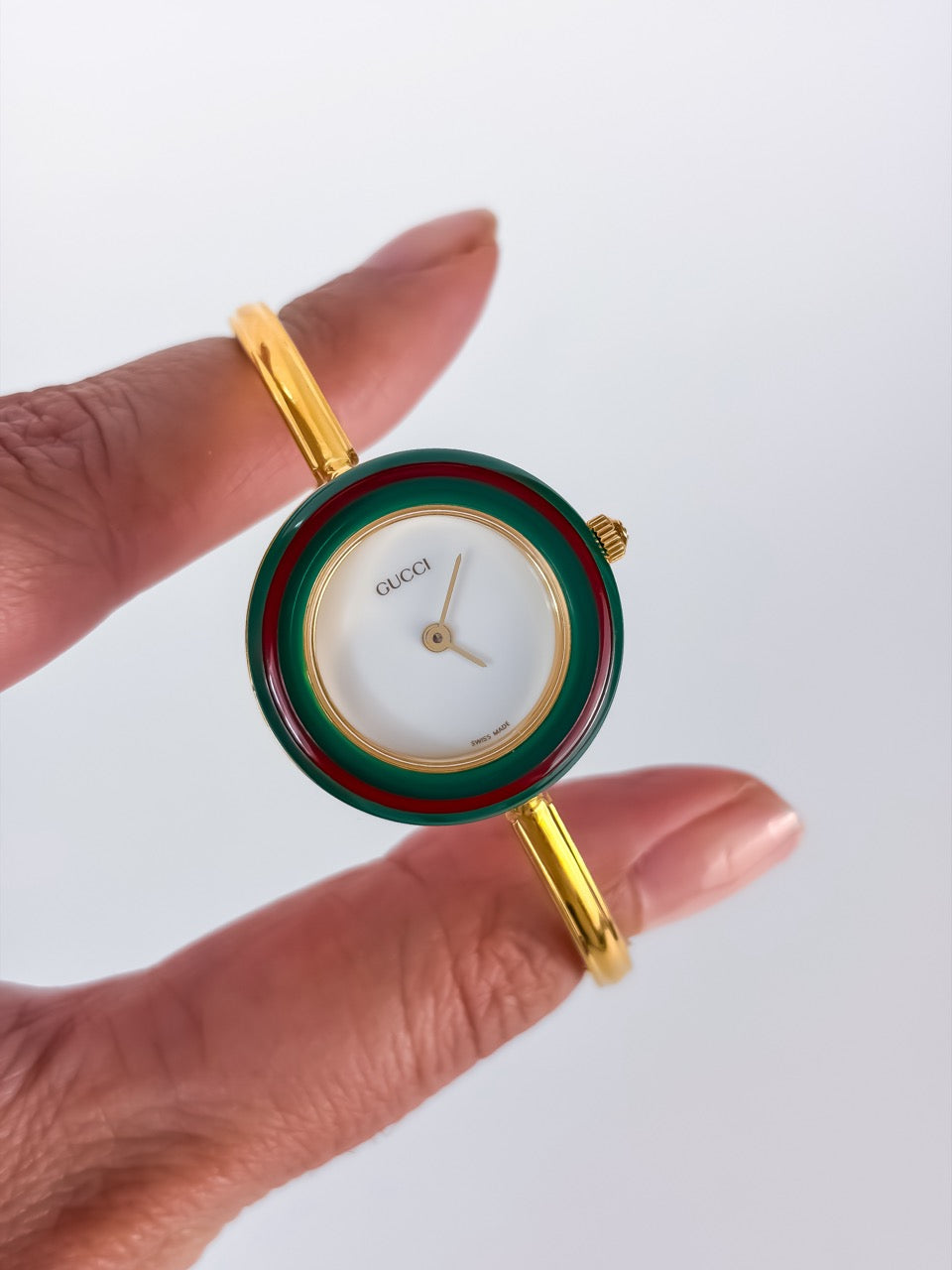 Gucci Cherry Line Interchangeable Bezels Gold Bangle Watch with Box & Papers