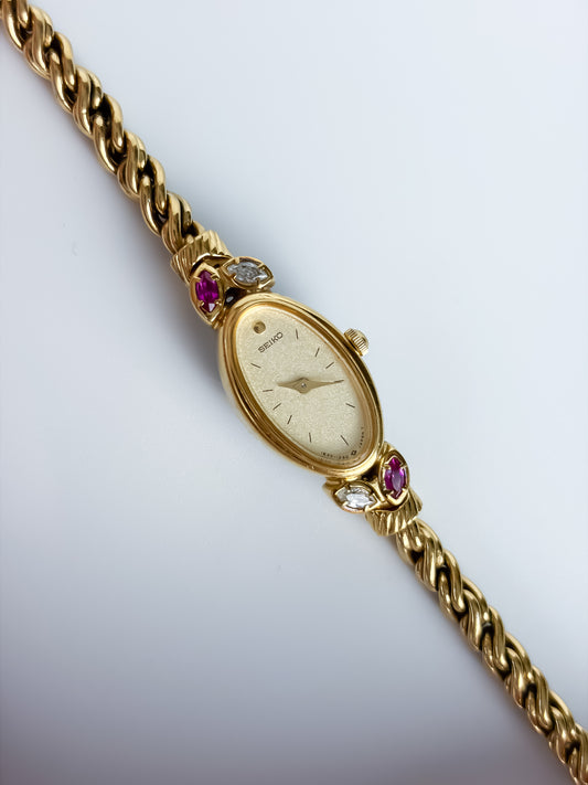 Vintage Seiko Rubies & Diamonds Marquise Cocktail Gold Watch