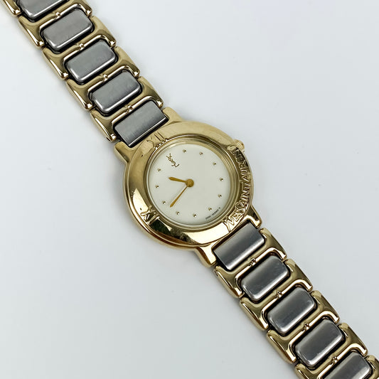 Vintage 1990s Yves Saint Laurent Women's Quartz Watch with Two-Tone Bracelet and White Dial