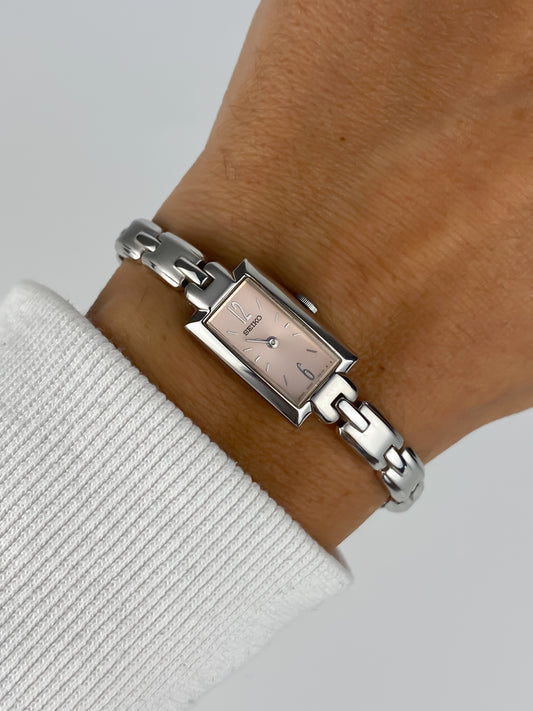 Seiko Vintage Watch Silver Links Pink Rectangular Dial