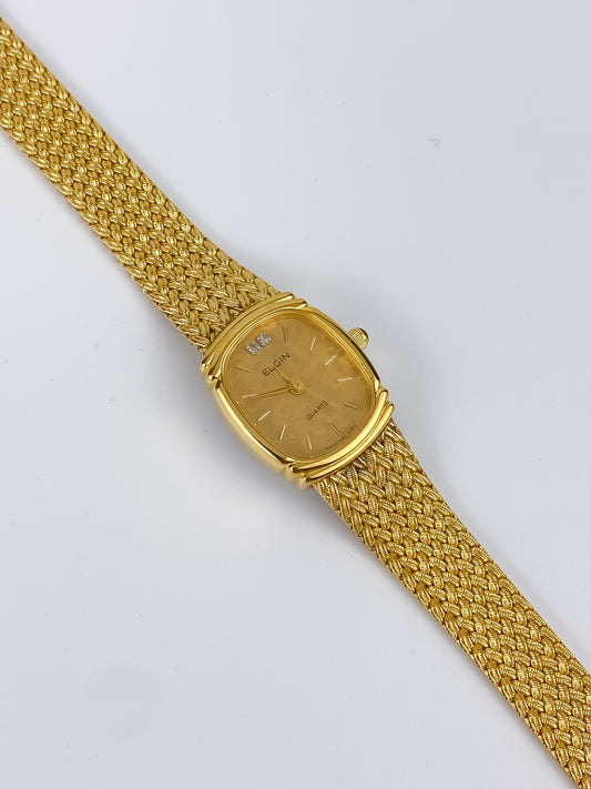 Elgin Vintage Gold Diamonds Watch Mesh Bracelet
