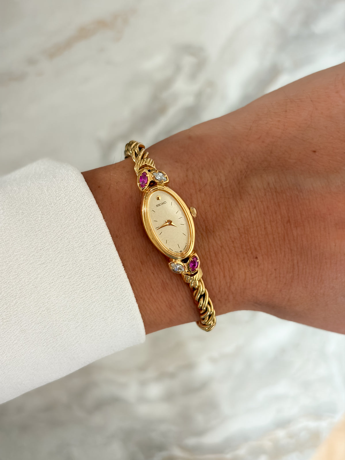 Vintage Seiko Rubies & Diamonds Marquise Cocktail Gold Watch