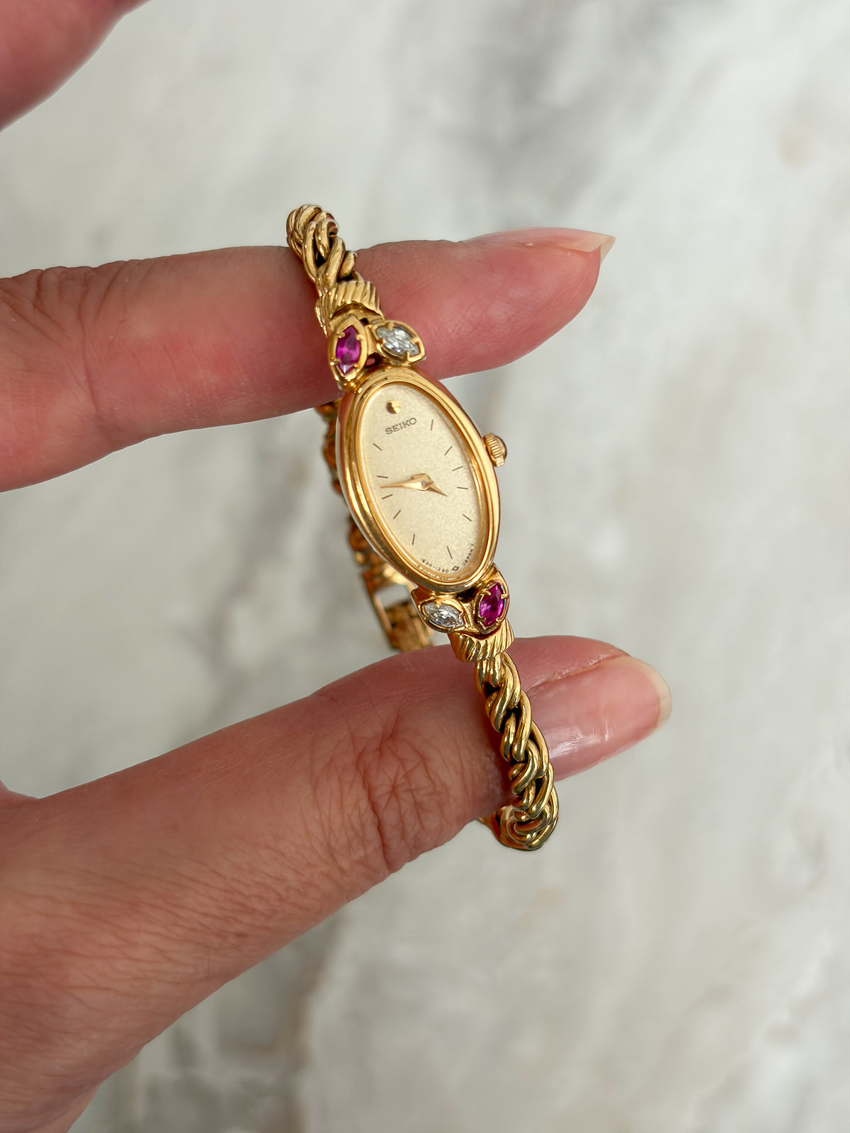 Vintage Seiko Rubies & Diamonds Marquise Cocktail Gold Watch