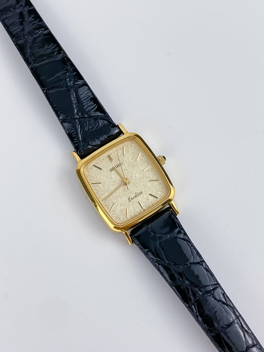 Seiko Vintage Watch Gold Original Leather Bracelet Onyx Crown
