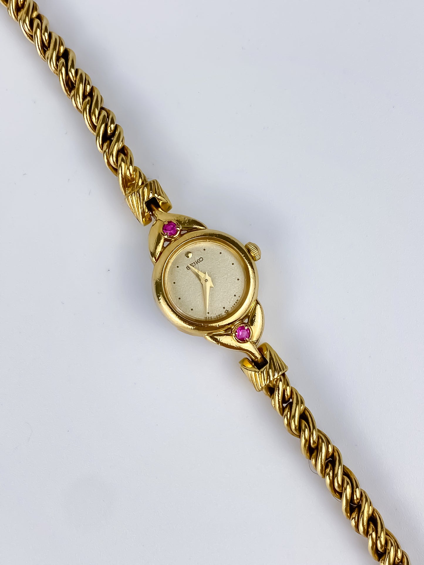 Vintage Seiko Gold Watch Rubies Twisted Chain Bracelet