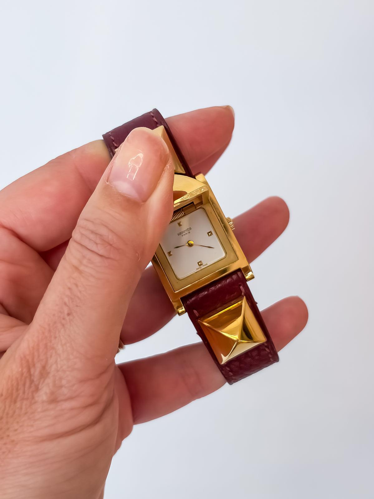 Vintage Hermes Medor Burgundy Gold and Leather Secret Watch