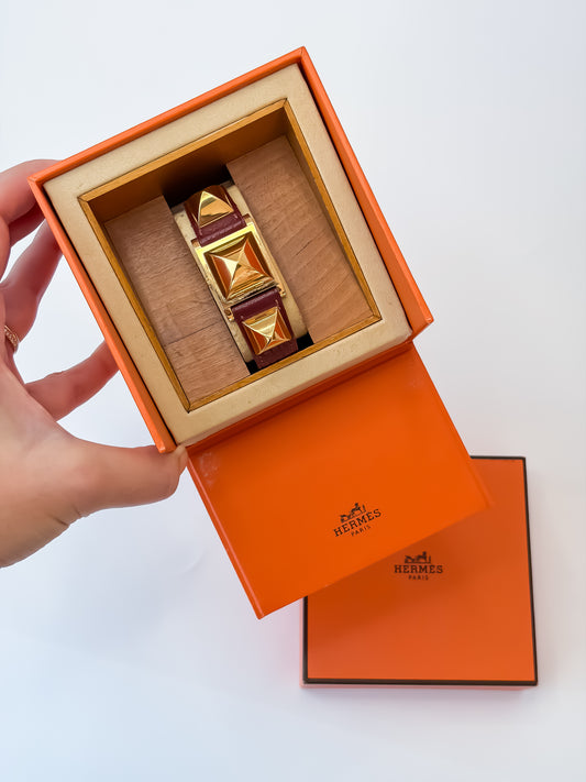 Vintage Hermes Medor Burgundy Gold and Leather Secret Watch