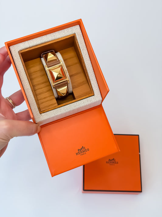 Vintage Hermes Medor Light Brown Gold and Leather Secret Watch