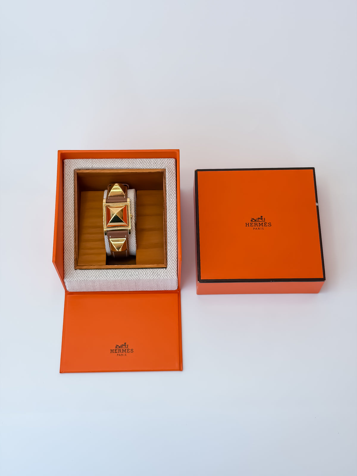 Vintage Hermes Medor Light Brown Gold and Leather Secret Watch