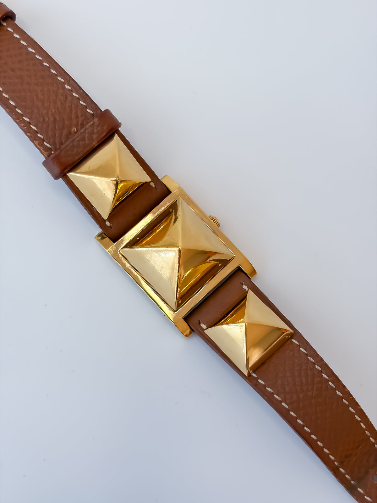 Vintage Hermes Medor Light Brown Gold and Leather Secret Watch
