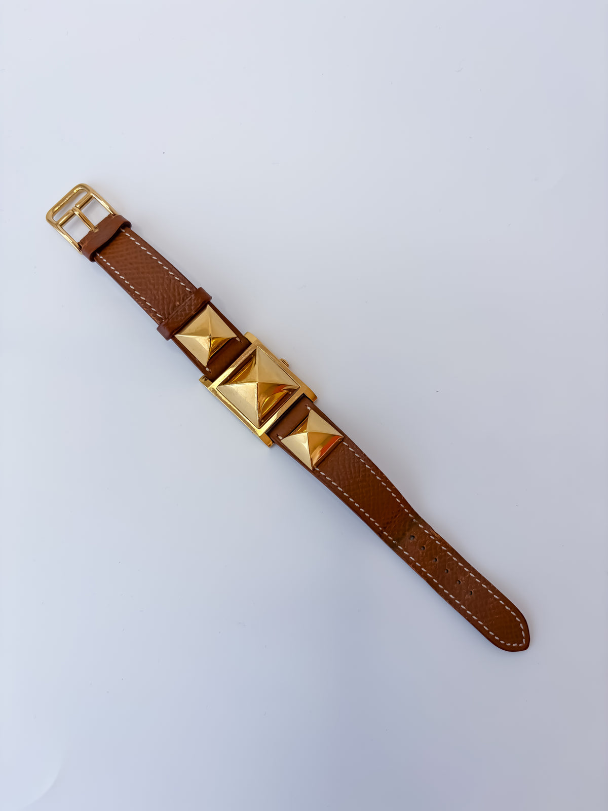 Vintage Hermes Medor Light Brown Gold and Leather Secret Watch