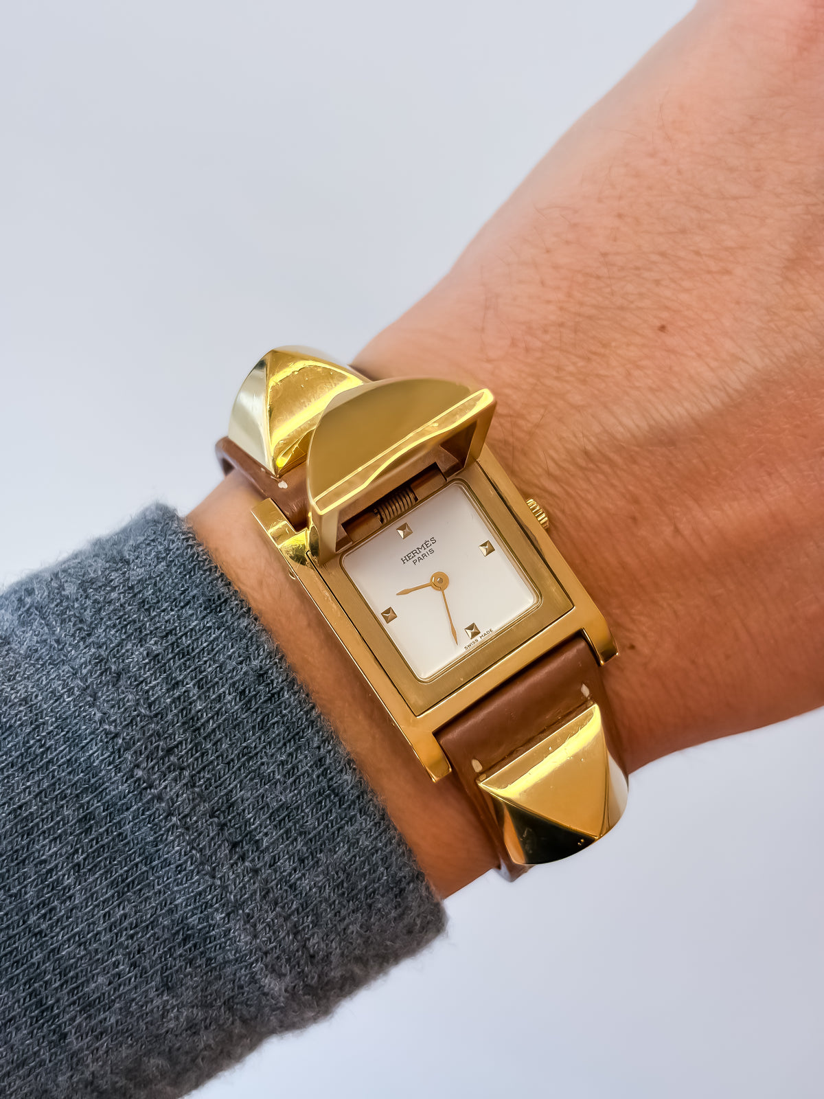 Vintage Hermes Medor Light Brown Gold and Leather Secret Watch