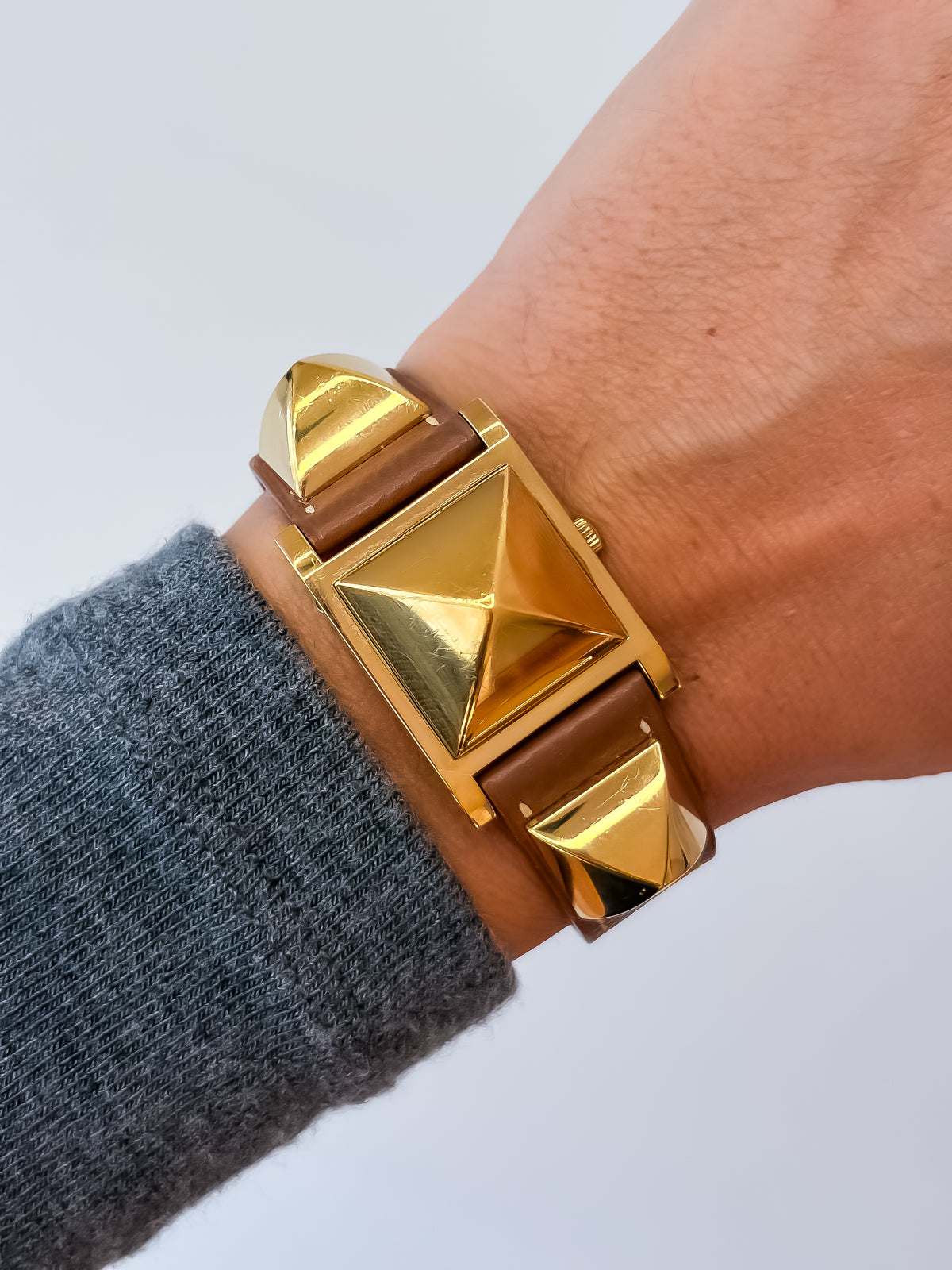 Vintage Hermes Medor Light Brown Gold and Leather Secret Watch