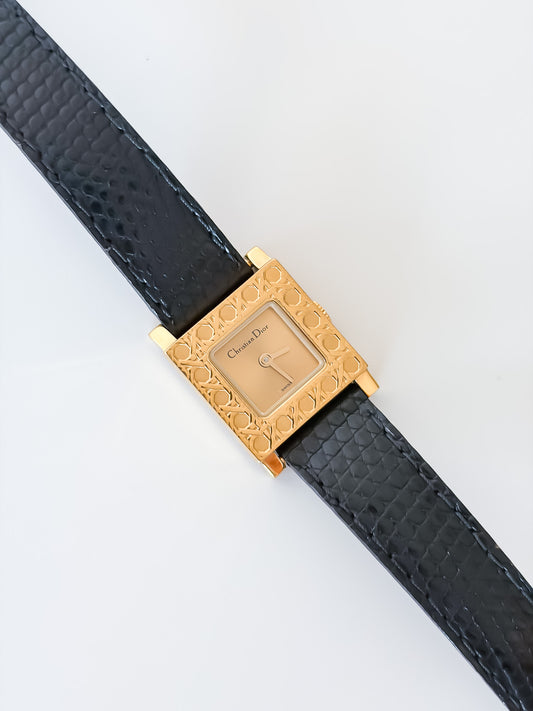 Vintage Christian Dior Parisienne Gold and Black Leather Watch