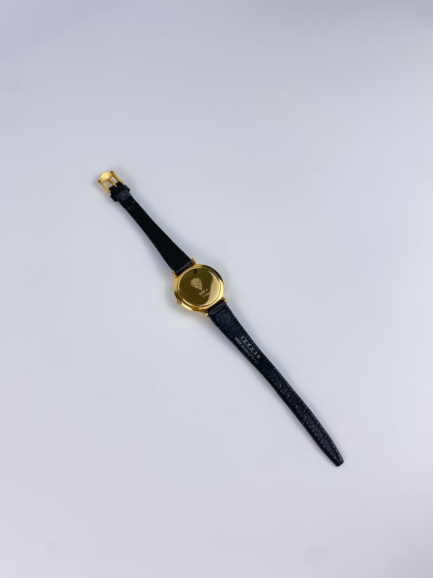 Rare Gucci Black Leather Gold Vintage Watch 1990 Mother of a Pearl Dial
