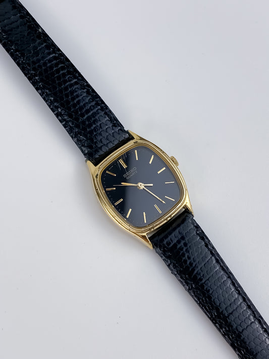 Seiko Black Leather Gold Vintage Watch 1990 Square Dial