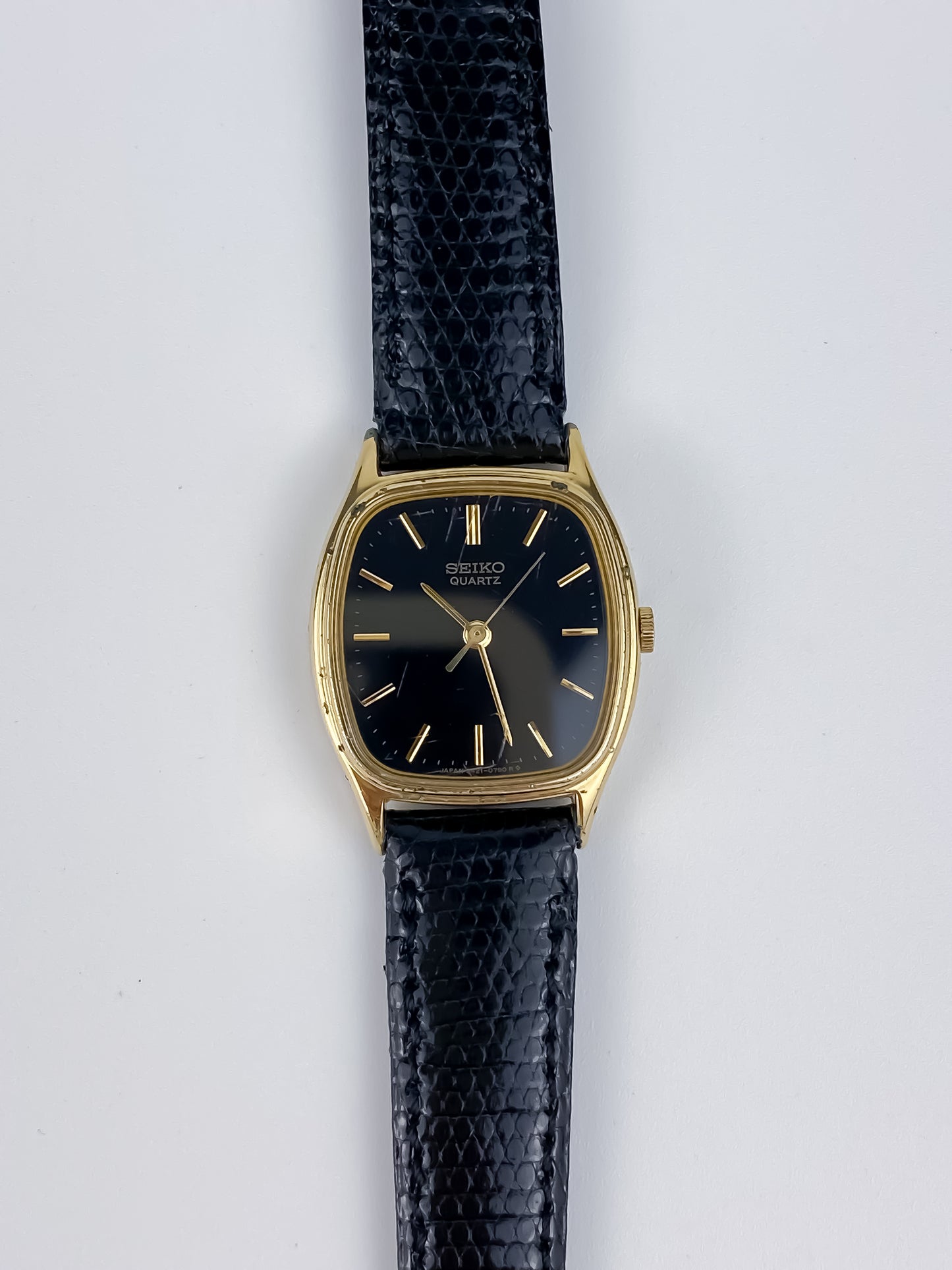 Seiko Black Leather Gold Vintage Watch 1990 Square Dial