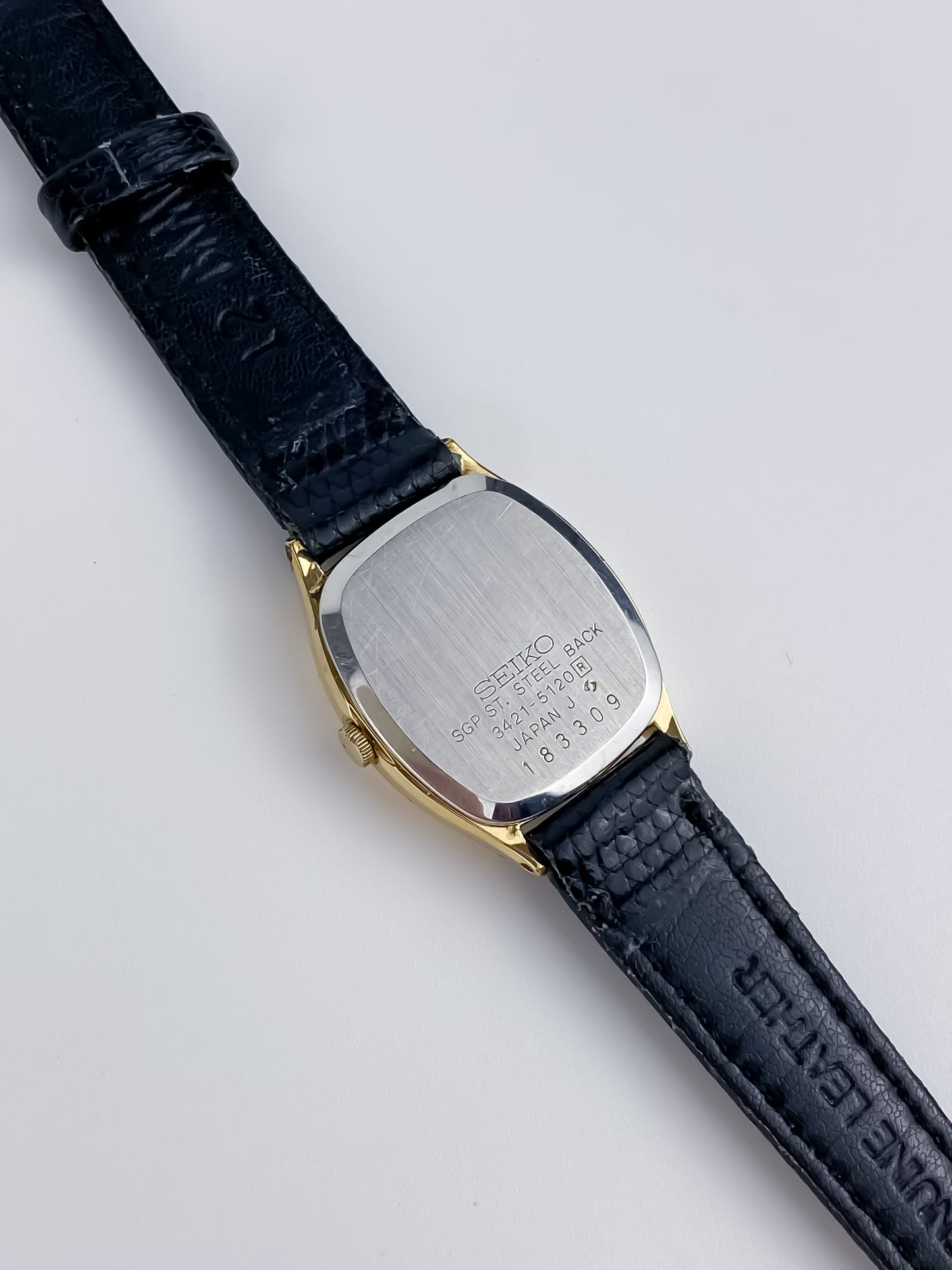 Seiko Black Leather Gold Vintage Watch 1990 Square Dial