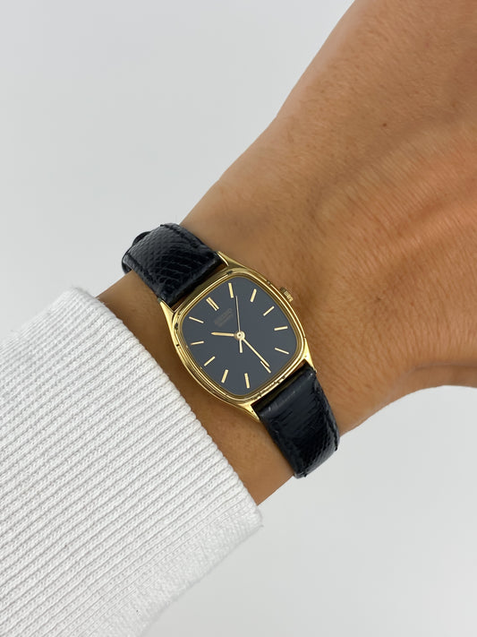 Seiko Black Leather Gold Vintage Watch 1990 Square Dial