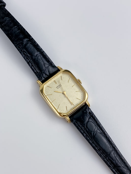 Seiko Black Leather Gold Vintage Watch 1990 Square Dial