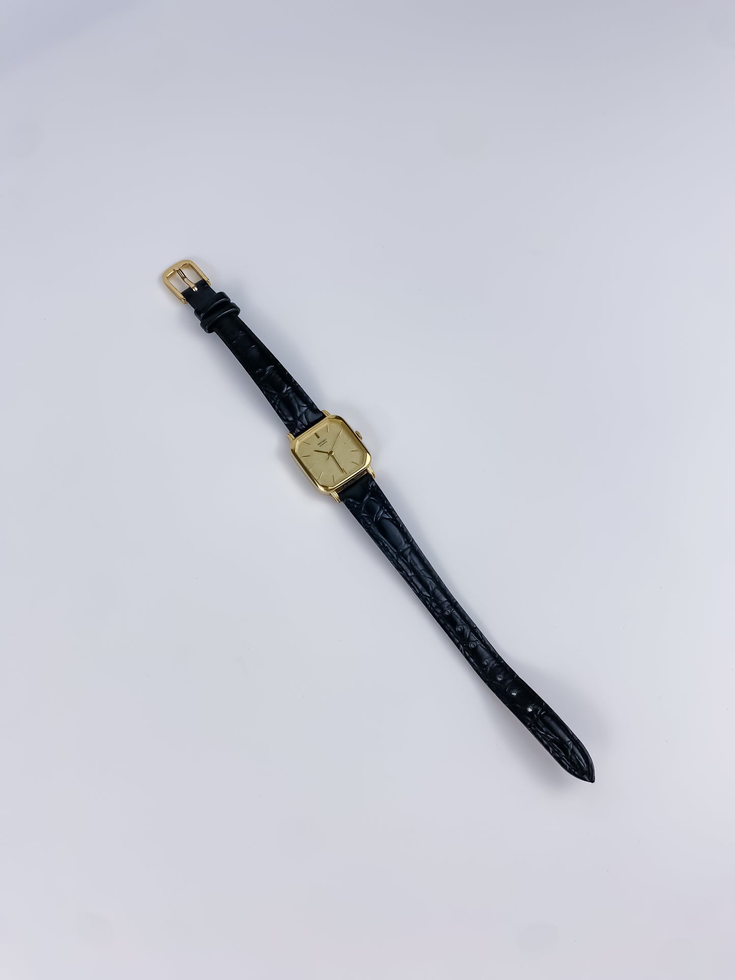 Seiko Black Leather Gold Vintage Watch 1990 Square Dial