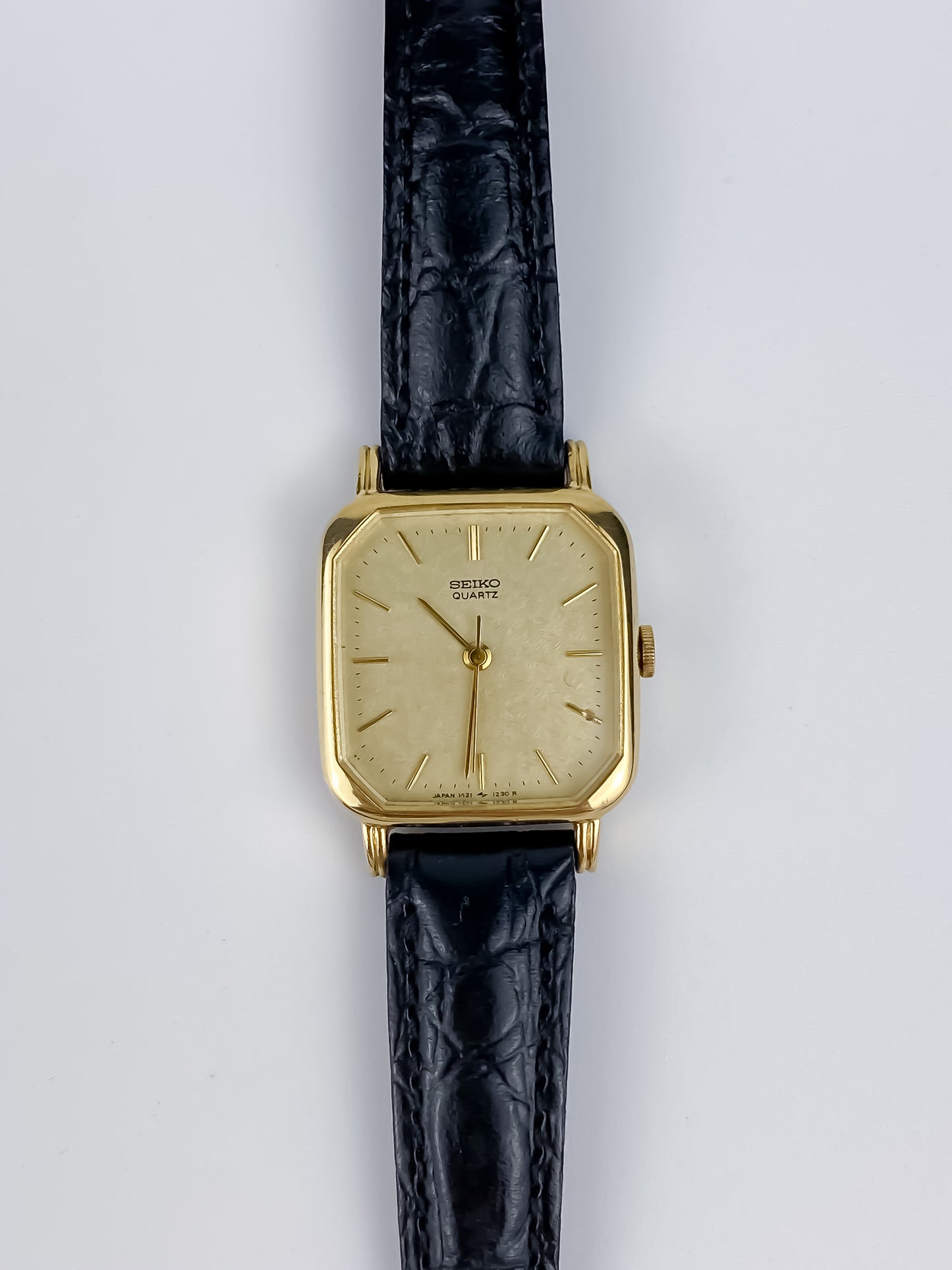 Seiko Black Leather Gold Vintage Watch 1990 Square Dial