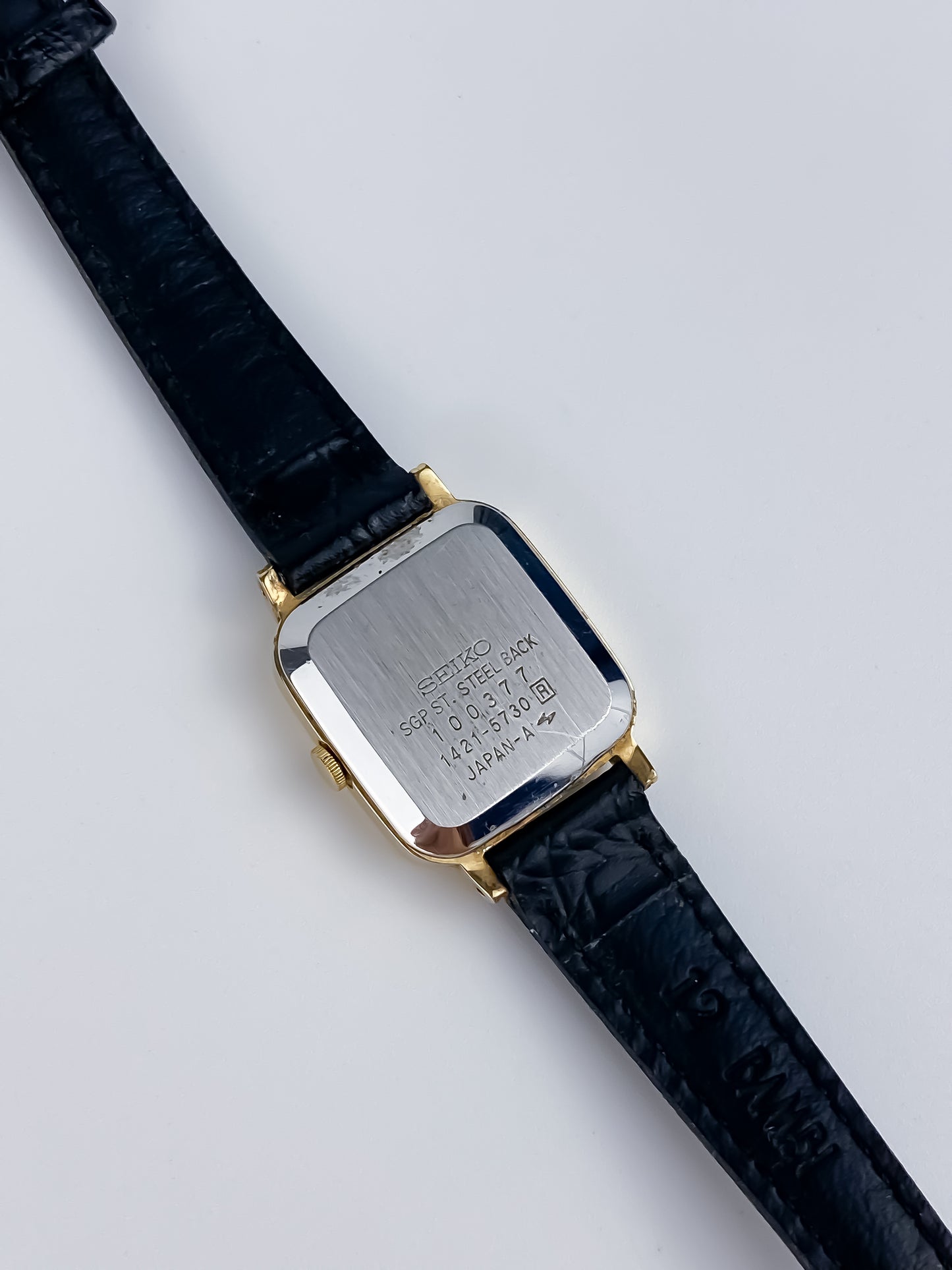 Seiko Black Leather Gold Vintage Watch 1990 Square Dial