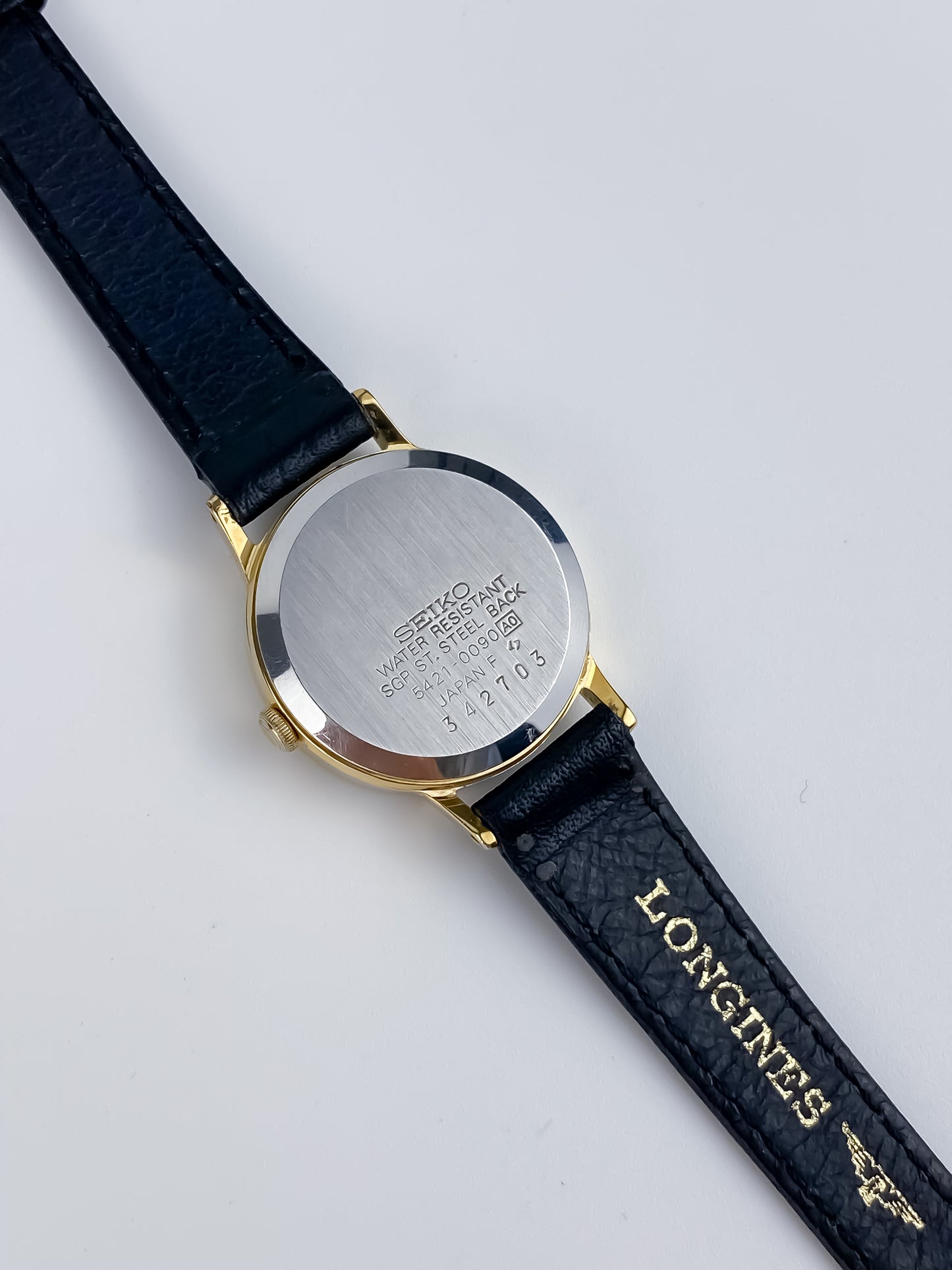 Seiko Black Leather Gold Vintage Watch 1990 Round Dial