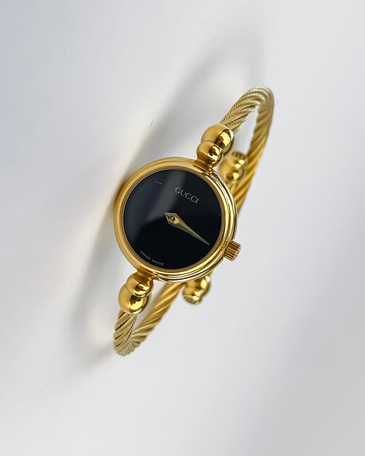 Gucci Vintage Gold Watch Bangle Black Dial