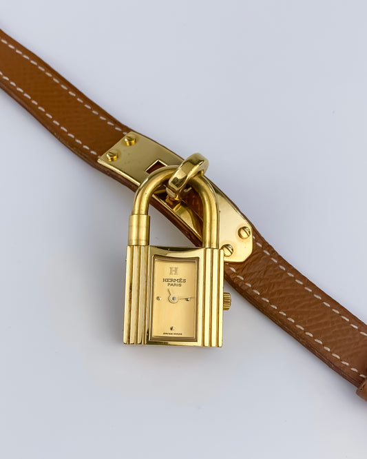 Hermes Kelly Vintage Watch Gold Brown Leather