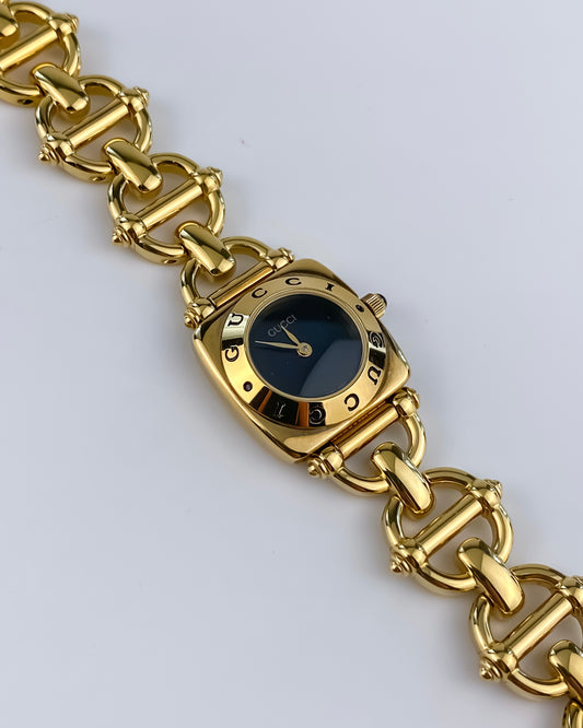 Gucci Vintage Watch Gold 6400L Black Dial Horsebit Links