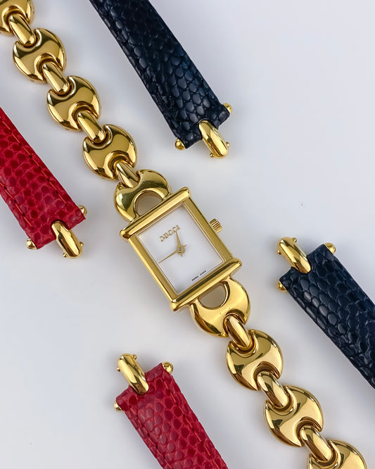 Gucci Vintage Gold Watch Interchangeable Bracelets Box Set