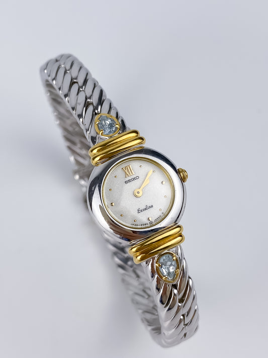 Seiko Vintage Gold Silver Watch Cocktail 90s Aquamarine