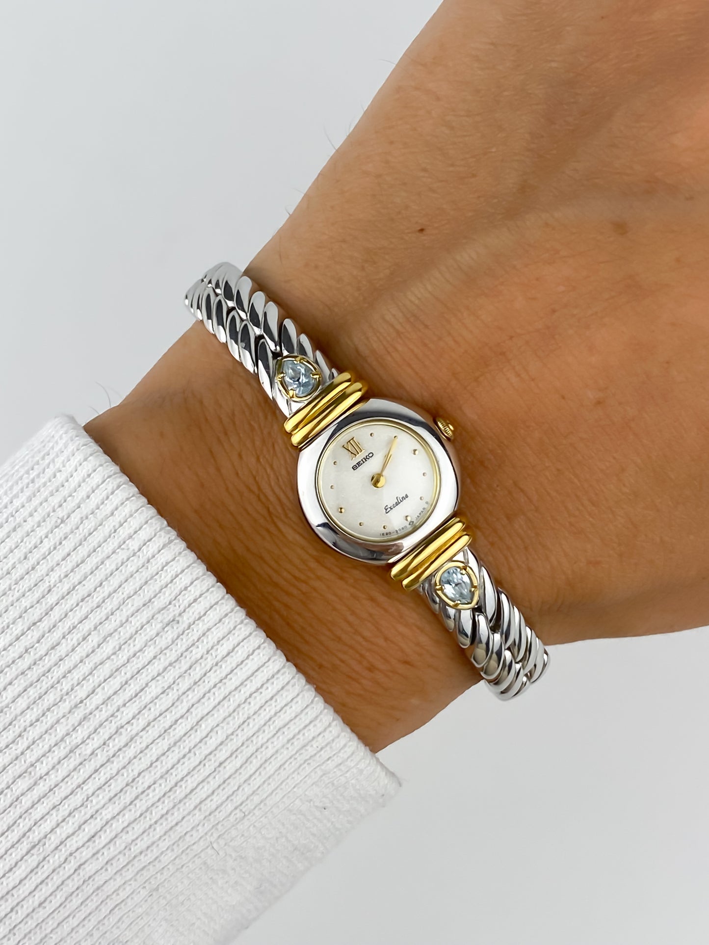 Seiko Vintage Gold Silver Watch Cocktail 90s Aquamarine