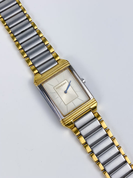 Yves saint Laurent Vintage Gold Silver Watch Blue Hands Large