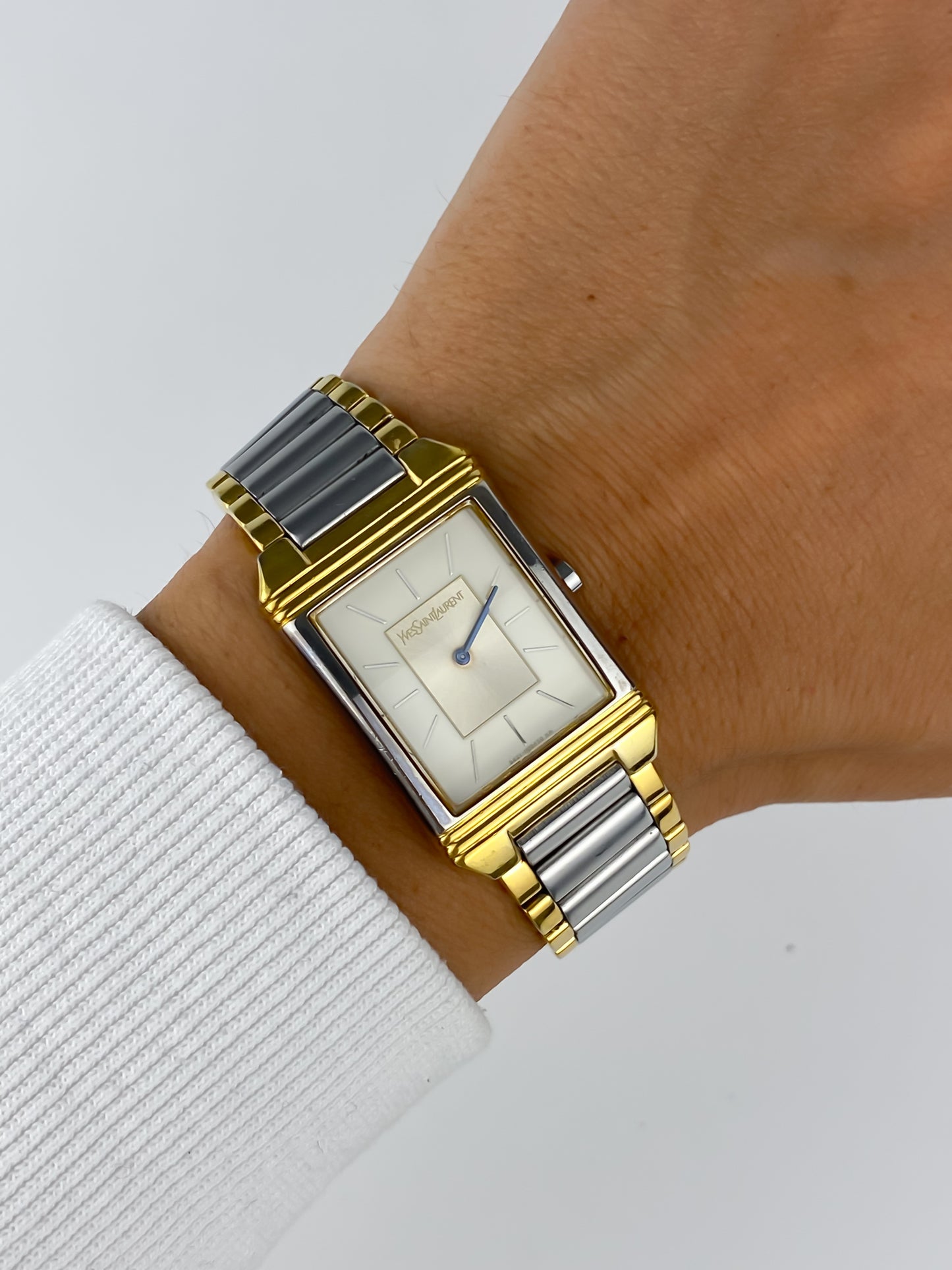 Yves saint Laurent Vintage Gold Silver Watch Blue Hands Large