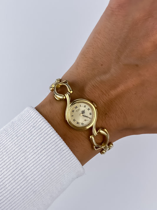Seiko Vintage Sculptural Gold Watch Cocktail 90s Bracelet