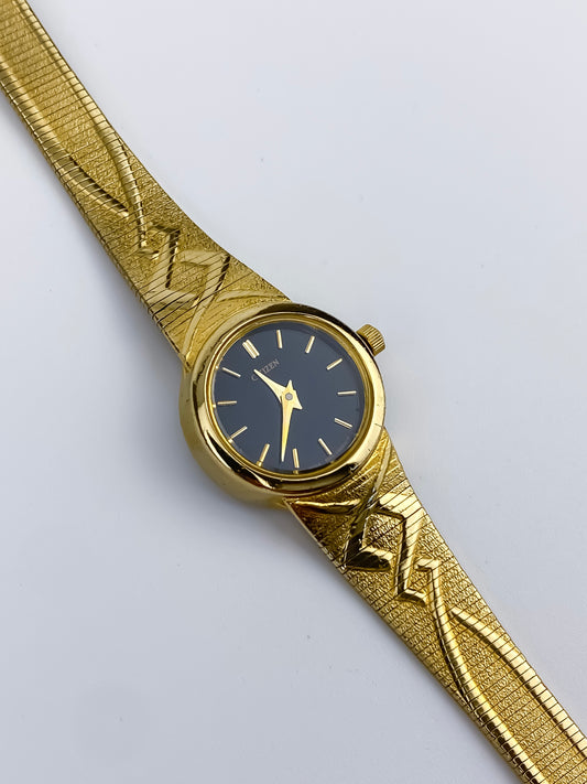 Citizen Vintage Watch Gold Plated Crosshatch Guilloché Bracelet